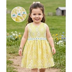 Babyhug Cotton Woven Sleeveless Floral Embroidered Frock with Lace Detailing - Yellow