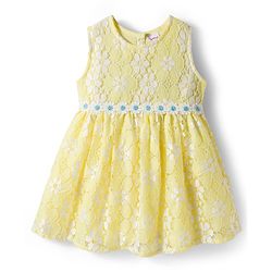 Babyhug Cotton Woven Sleeveless Floral Embroidered Frock with Lace Detailing - Yellow