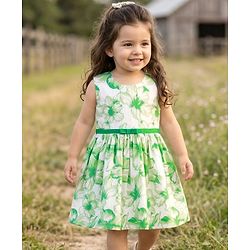 Babyhug Poplin Woven Sleeveless Floral Printed Frock with Bow Applique - White
