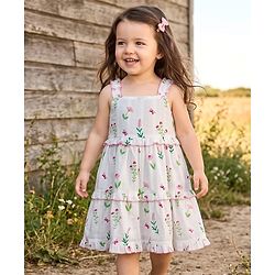Babyhug Poplin Woven Sleeveless Frock With Floral Print - White
