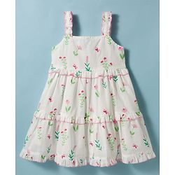 Babyhug Poplin Woven Sleeveless Frock With Floral Print - White