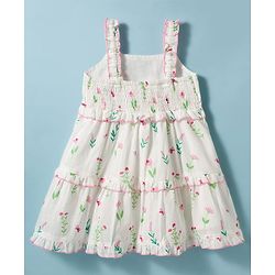 Babyhug Poplin Woven Sleeveless Frock With Floral Print - White