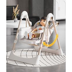 Babyhug Giggle Glide High Chair & Swing - Beige| 3-in-1 Convertible Design| Adjustable Height & Recline| Dual Food Tray| 5-Point Safety Harness| Foldable & Portable| 6 Months to 5 Years