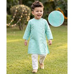 Babyhug Cotton Woven Full Sleeves Striped Kurta & Pyjama Set - Aqua Blue