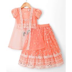 Babyhug Net Woven Sleeveless Floral Embroidered Choli Lehenga  & Jacket Set - Orange