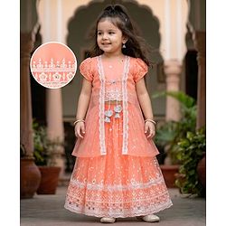 Babyhug Net Woven Sleeveless Floral Embroidered Choli Lehenga  & Jacket Set - Orange