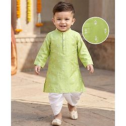 Babyhug Cotton Bled Woven Full Sleeves Kurta Dhoti Set with Floral Embroidery - Light Green