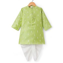 Babyhug Cotton Bled Woven Full Sleeves Kurta Dhoti Set with Floral Embroidery - Light Green