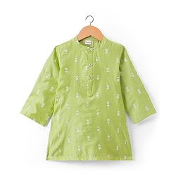 Babyhug Cotton Bled Woven Full Sleeves Kurta Dhoti Set with Floral Embroidery - Light Green