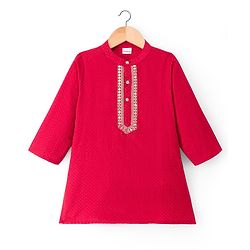 Babyhug Cotton Blend Woven Full Sleeves Solid Colour Dobby Embroidered Kurta Dhoti Set - Red
