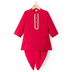 Babyhug Cotton Blend Woven Full Sleeves Solid Colour Dobby Embroidered Kurta Dhoti Set - Red
