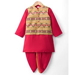 Babyhug Cotton Blend Woven Full Sleeves Kurta Dhoti Set With Sequinned Nehru Jacket - Red