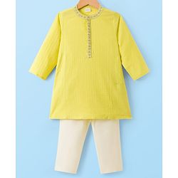 Babyhug Cotton Dobby Woven Full Sleeves Kurta Pajama Set with Dobby Embroidery - Limegreen