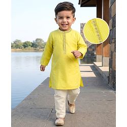 Babyhug Cotton Dobby Woven Full Sleeves Kurta Pajama Set with Dobby Embroidery - Limegreen