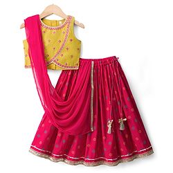 Babyhug Georgette Woven Sleeveless Lehenga Choli Set With Floral Foil Print Embroidery & Dupatta - Dark Pink