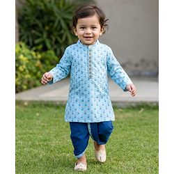 Babyhug Cambric Woven Full Sleeves Kurta Dhoti Set with Lurex Bobby Floral Print - Light Blue