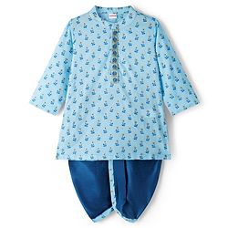 Babyhug Cambric Woven Full Sleeves Kurta Dhoti Set with Lurex Bobby Floral Print - Light Blue