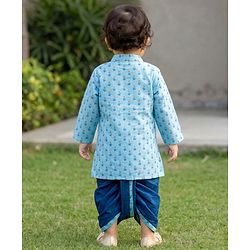 Babyhug Cambric Woven Full Sleeves Kurta Dhoti Set with Lurex Bobby Floral Print - Light Blue