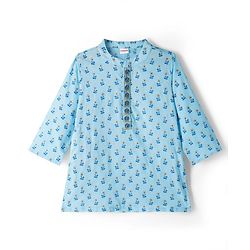 Babyhug Cambric Woven Full Sleeves Kurta Dhoti Set with Lurex Bobby Floral Print - Light Blue