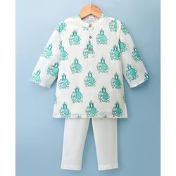 Babyhug 100% Cotton Cambric Woven Full Sleeves Elephant Printed Kurta Pajama Set - White