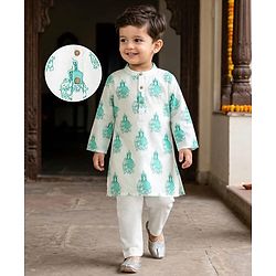 Babyhug 100% Cotton Cambric Woven Full Sleeves Elephant Printed Kurta Pajama Set - White