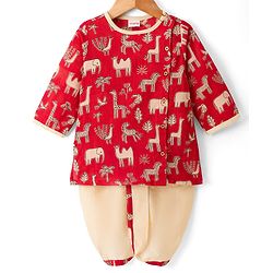 Babyhug Cambric Woven Full Sleeves Kurta Dhoti Set With Animal Print - Red