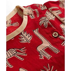 Babyhug Cambric Woven Full Sleeves Kurta Dhoti Set With Animal Print - Red