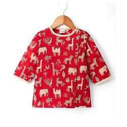 Babyhug Cambric Woven Full Sleeves Kurta Dhoti Set With Animal Print - Red