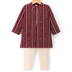Babyhug Georgette Woven Full Sleeves Kurta Pyjama Set with Sequin & Embroidery Detailing - Maroon