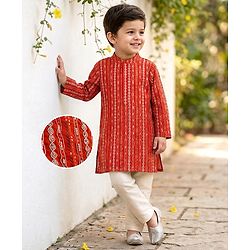 Babyhug Georgette Woven Full Sleeves Kurta Pyjama Set With Sequin Detailing - Rust Orange