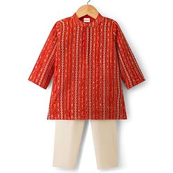 Babyhug Georgette Woven Full Sleeves Kurta Pyjama Set With Sequin Detailing - Rust Orange