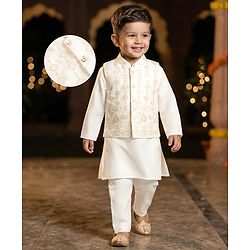 Babyhug Cotton Blend Woven Solid Kurta Pyjama Set With  Embroidered & Sequinned  Jacket - OffWhite