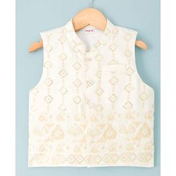 Babyhug Cotton Blend Woven Solid Kurta Pyjama Set With  Embroidered & Sequinned  Jacket - OffWhite