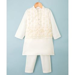 Babyhug Cotton Blend Woven Solid Kurta Pyjama Set With  Embroidered & Sequinned  Jacket - OffWhite