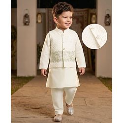 Babyhug Cotton Blend Woven Full Sleeves Solid Kurta Pyjama Set With Floral Embroidered & Sequinned Jacket- OffWhite