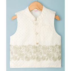 Babyhug Cotton Blend Woven Full Sleeves Solid Kurta Pyjama Set With Floral Embroidered & Sequinned Jacket- OffWhite