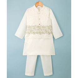 Babyhug Cotton Blend Woven Full Sleeves Solid Kurta Pyjama Set With Floral Embroidered & Sequinned Jacket- OffWhite