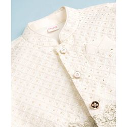 Babyhug Cotton Blend Woven Full Sleeves Solid Kurta Pyjama Set With Floral Embroidered & Sequinned Jacket- OffWhite