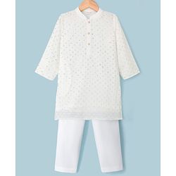 Babyhug Cotton Blend Woven Full Sleeves Kurta Pajama Set with Sequin Embroidery - White