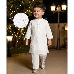 Babyhug Cotton Blend Woven Full Sleeves Kurta Pajama Set with Sequin Embroidery - White