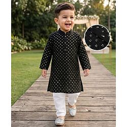 Babyhug Cotton Blend Woven Full Sleeves Sequinned Embroidered Kurta Pyjama Set - Black