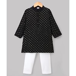 Babyhug Cotton Blend Woven Full Sleeves Sequinned Embroidered Kurta Pyjama Set - Black