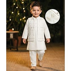Babyhug Cotton Blend Woven Full Sleeves Solid Kurta Pyjama Set With Embroidered & Sequinned Jacket - OffWhite