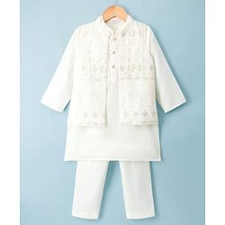 Babyhug Cotton Blend Woven Full Sleeves Solid Kurta Pyjama Set With Embroidered & Sequinned Jacket - OffWhite