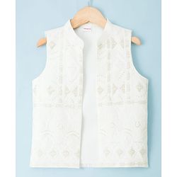Babyhug Cotton Blend Woven Full Sleeves Solid Kurta Pyjama Set With Embroidered & Sequinned Jacket - OffWhite