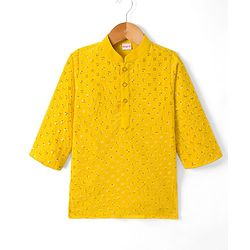 Babyhug Cotton Blend Woven Full Sleeves Kurta Pyjama Set With Sequin Detailing - Yellow