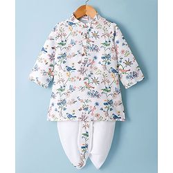 Babyhug Cambric Woven Full Sleeves Kurta Dhoti Set With Floral & Bird Print - White
