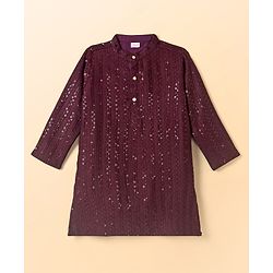 Babyhug Cotton Blend Woven Full Sleeves Embroidered & Sequinned Kurta Pyjama Set - Wine