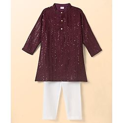 Babyhug Cotton Blend Woven Full Sleeves Embroidered & Sequinned Kurta Pyjama Set - Wine