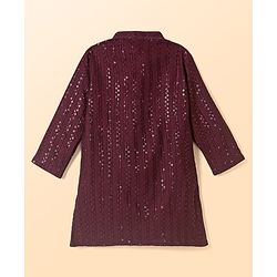 Babyhug Cotton Blend Woven Full Sleeves Embroidered & Sequinned Kurta Pyjama Set - Wine